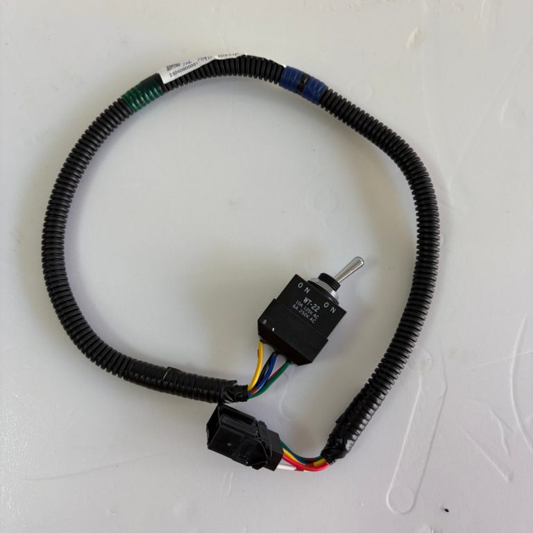 Hitachi excavator engine stop limit switch with toggle lever, protective loom and multi-pin connector