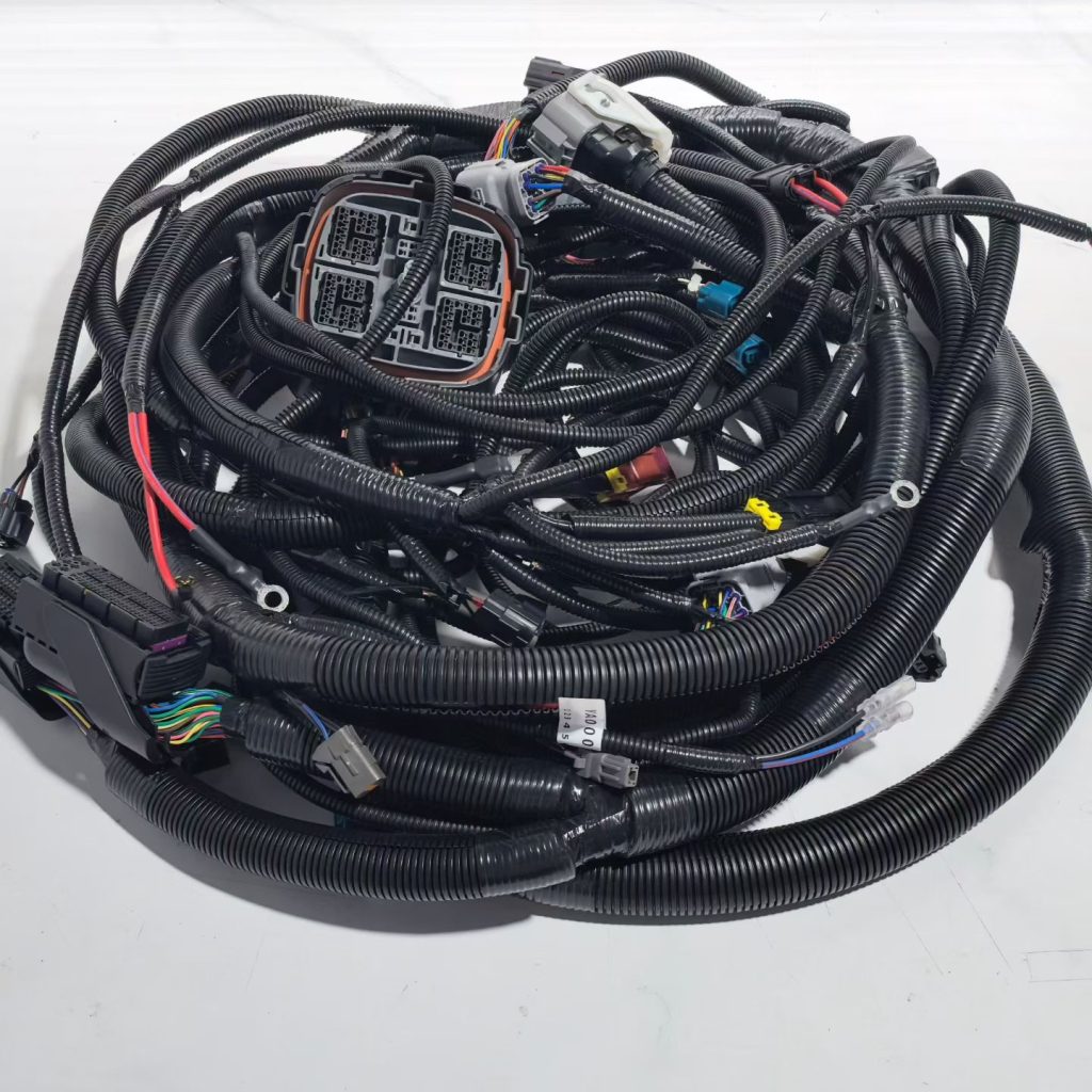 Excavator external wiring harness with corrugated loom, sealed multipin connectors, branch leads and ring terminals