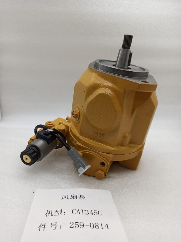 259-0814 hydraulic fan piston pump for CAT 345C excavator with the C13 engine - three quarter view with regulator and solenoid