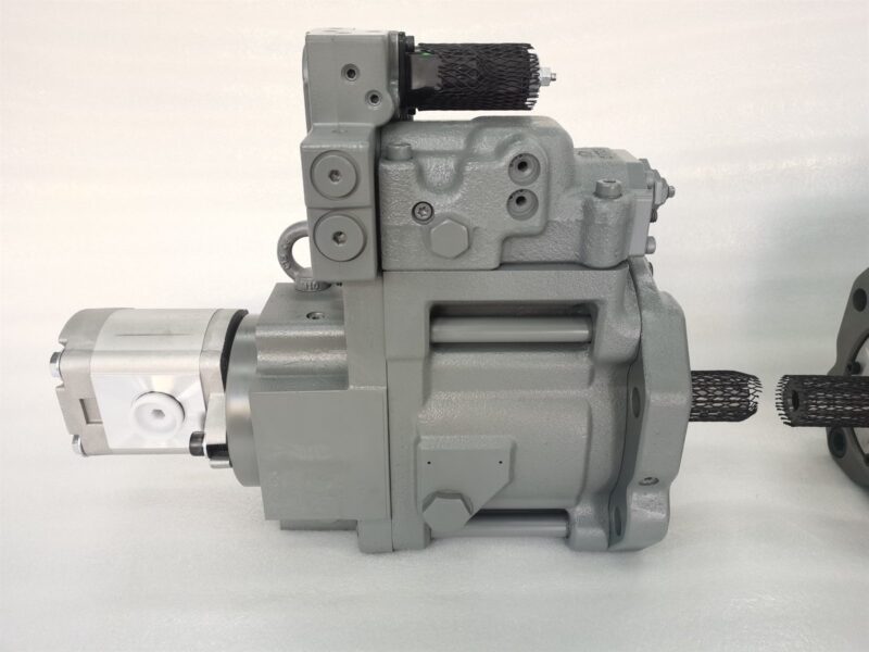 Regulator side of 4635787 K5V80S hydraulic fan pump with solenoid and mesh covered shaft